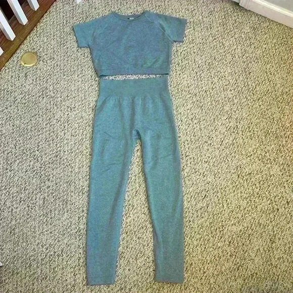 OYS Yoga 2 Piece Workout Sports Set Crop Top High Waist Leggings Green Size L - Picture 4 of 16